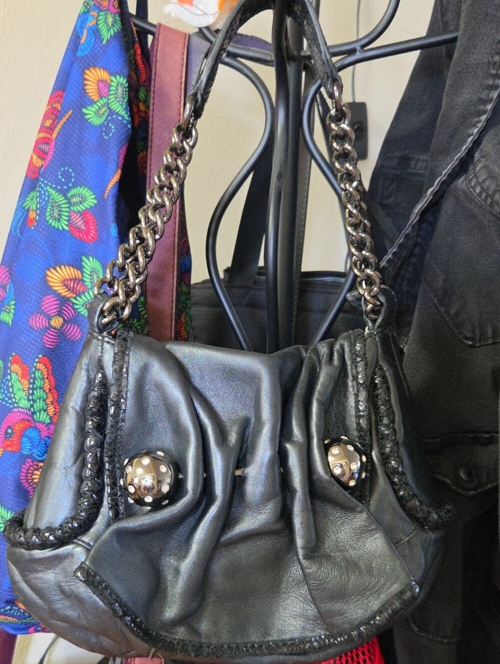 Betsey Johnson Black Leather Shoulder Bag with Chain Straps and Stud Buttons